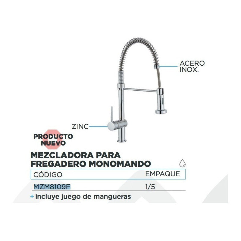 Llave Mezcladora Monomando Flexible Cocina Tarja Acero Inox