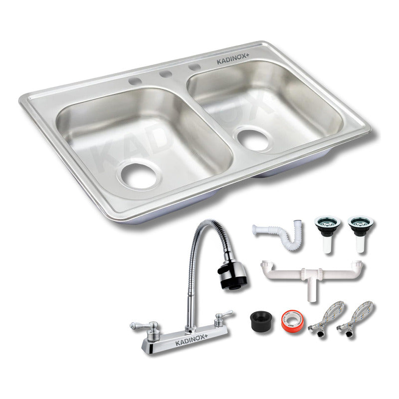 Fregadero Tarja Tina Doble Acero Inox 84x48 Con Kit Mez Flex