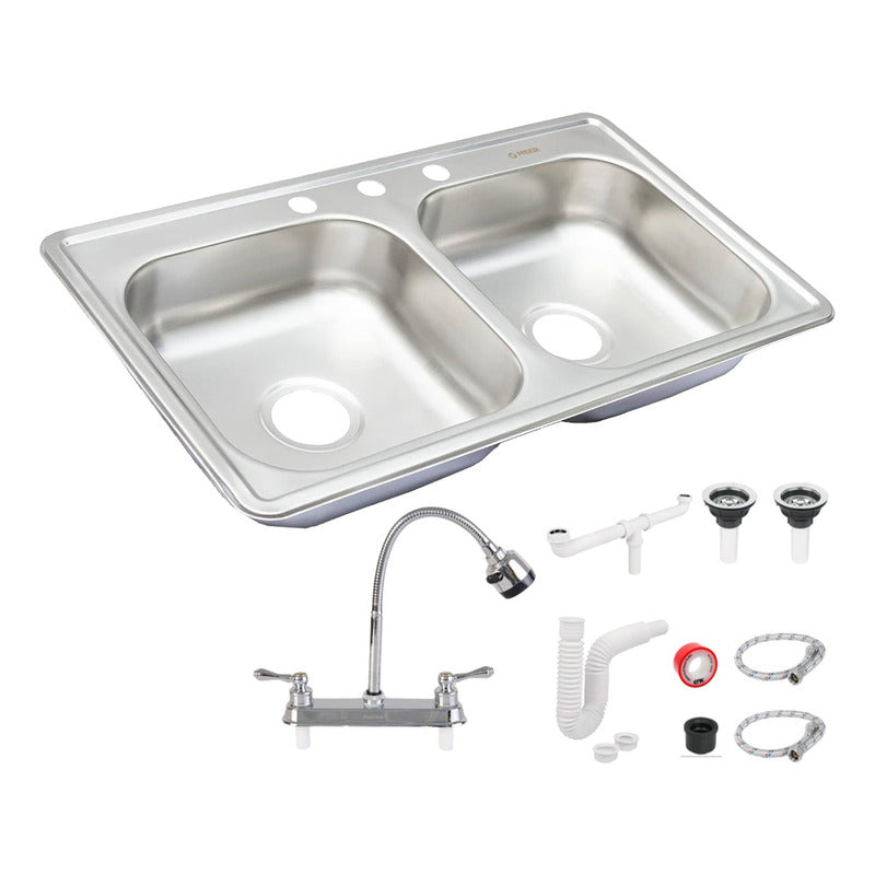 Fregadero Tarja Tina Doble Acero Inox 84x48 Con Kit Mez Flex