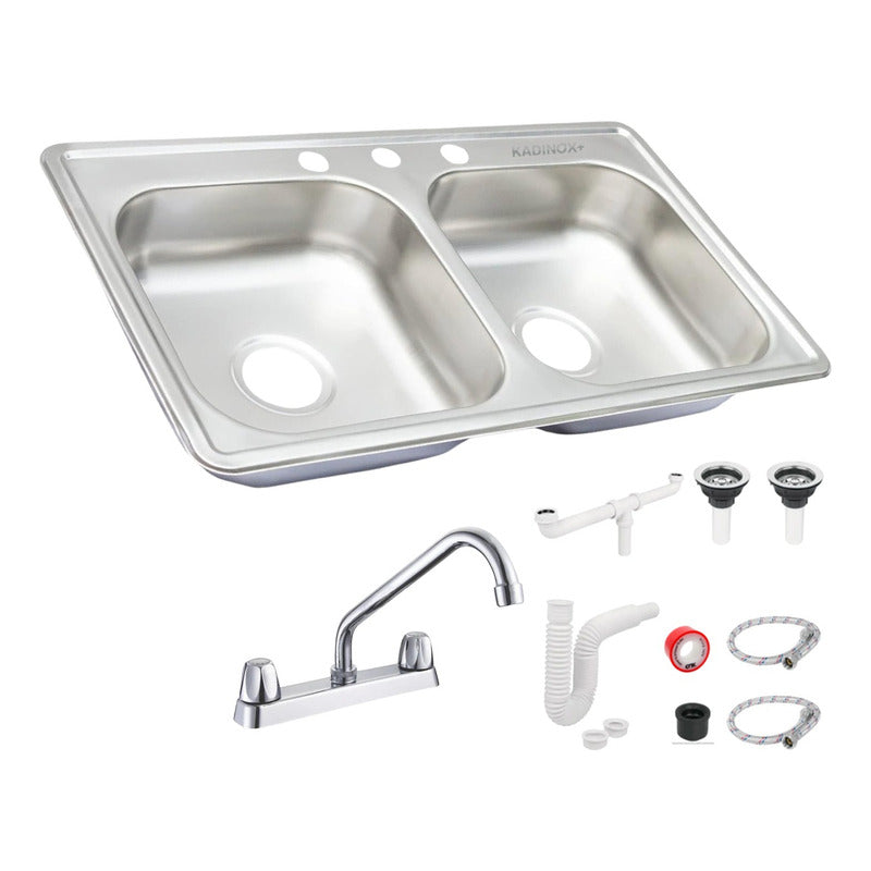 Fregadero Tarja Tina Doble Acero Inox 84x48 Con Kit Mez Flex