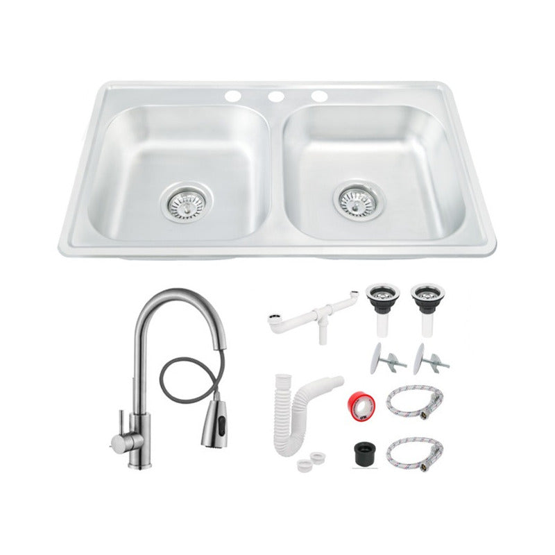 Fregadero Tarja Tina Doble Acero Inox 84x48 Kit Monomando