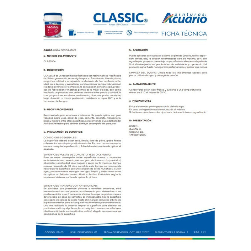 Galon De Pintura Vinilica Lavable Acuario Classic 4 Litros