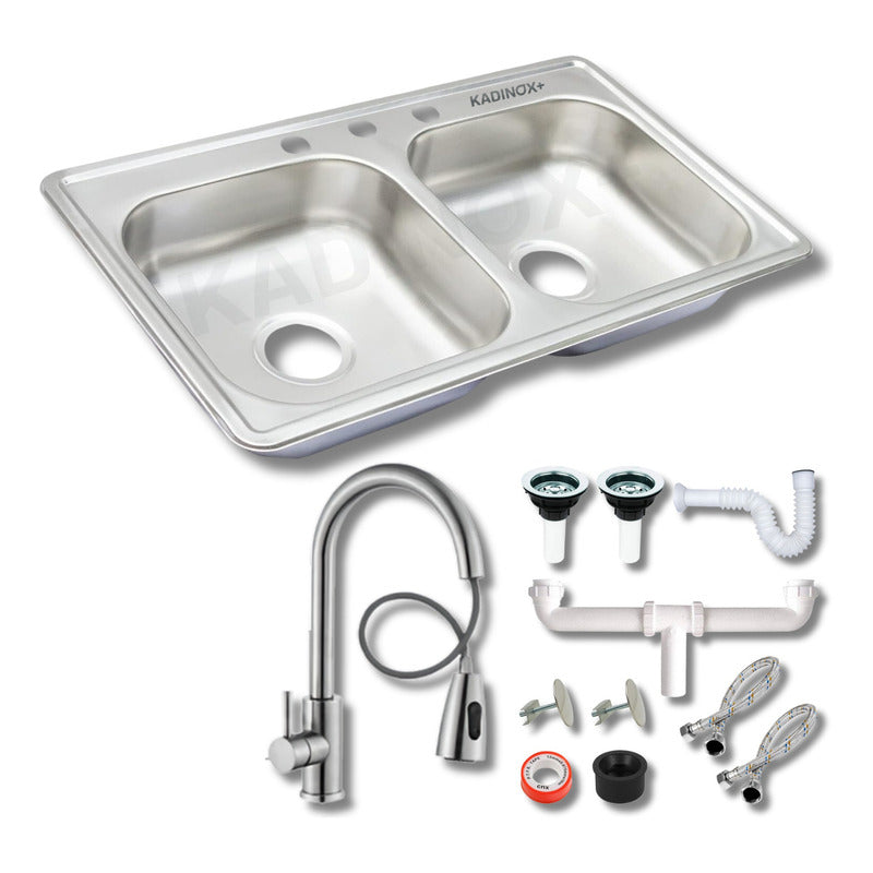 Fregadero Tarja Tina Doble Acero Inox 84x48 Con Kit Premium