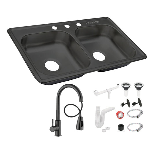 Fregadero Tarja Tina Doble Acero Inox Con Kit Premium Negra Color Negro