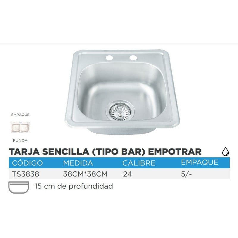 Tarja Fregadero De Acero Inox Tipo Bar 38x38 C/kit S/mezclad